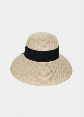 Beige Bell Straw Hat w/ Black Bow 