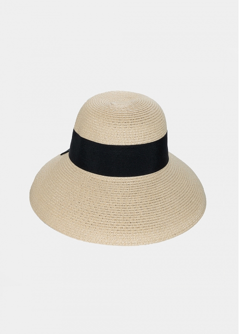 Beige Bell Straw Hat w/ Black Bow 
