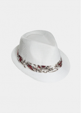 White fedora with paisley strap 