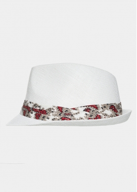 White fedora with paisley strap 