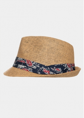 Brown fedora with paisley strap 