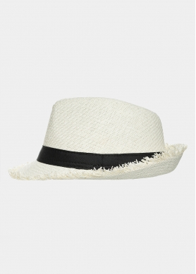 Ecru fedora with loose strands and black strap