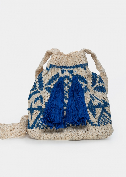 straw pouch with blue design