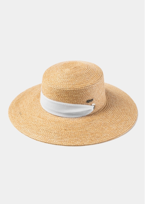 Natural Raffia Hat w/ White Neck Tie Ribbon