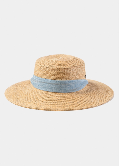 Natural Raffia Hat w/ Light Blue Neck Tie Ribbon