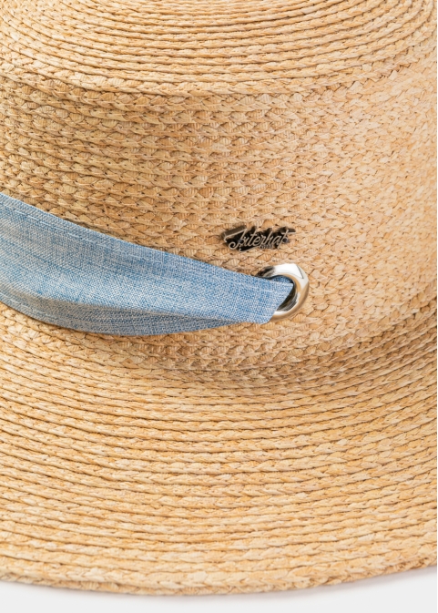 Natural Raffia Hat w/ Light Blue Neck Tie Ribbon