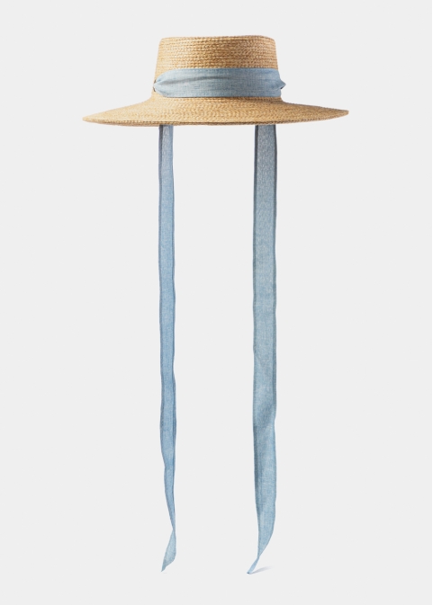 Natural Raffia Hat w/ Light Blue Neck Tie Ribbon