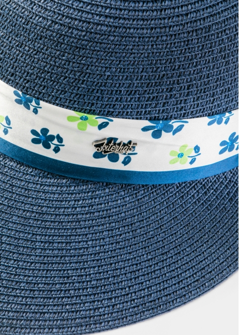 Navy Blue Hat w/ Patterned Satin Ribbon