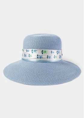 Light Blue Hat w/ Patterned Satin Ribbon