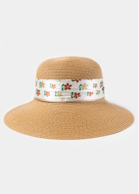 Brown Hat w/ Patterned Satin Ribbon