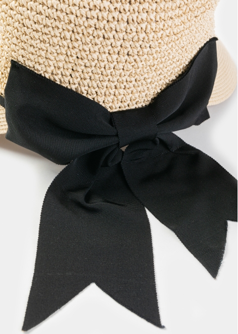 Beige Half Knitted Hat w/ Black Bow 