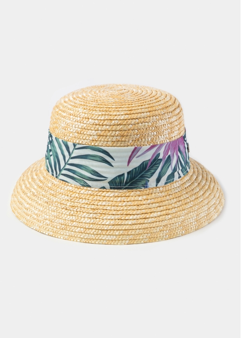 Natural Straw Hat w/ Patterned Ribbon