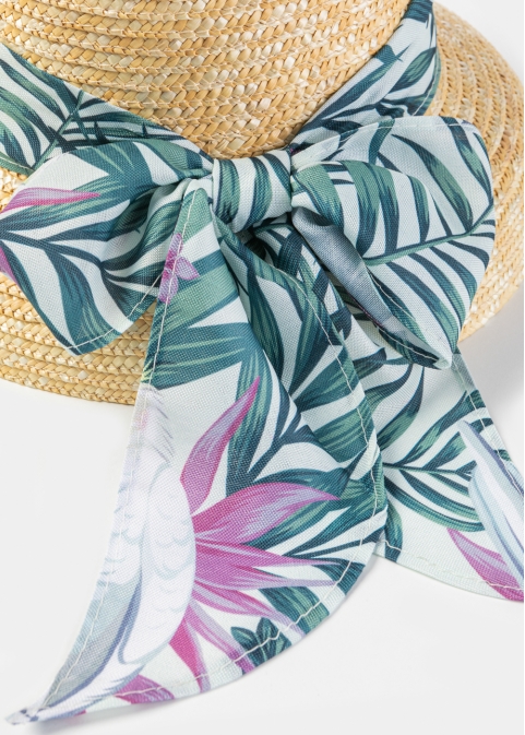 Natural Straw Hat w/ Patterned Ribbon