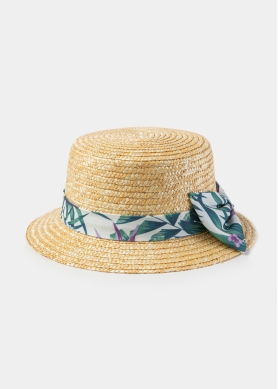 Natural Straw Boater Hat w/ Green Patterned Ribbon