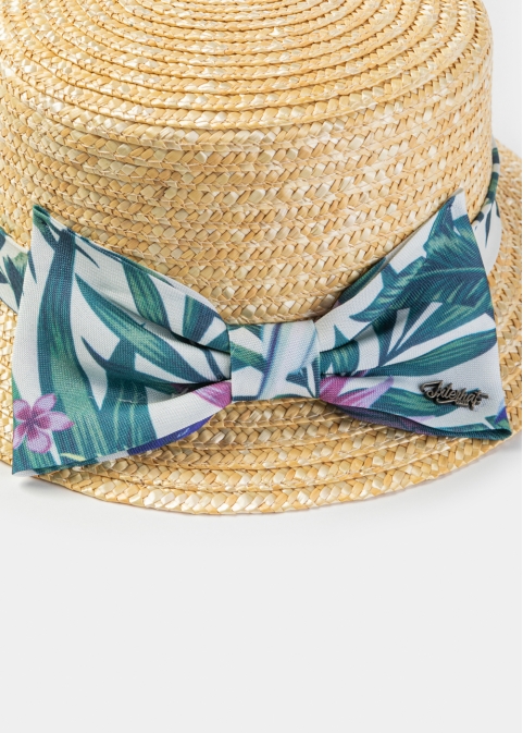 Natural Straw Boater Hat w/ Green Patterned Ribbon