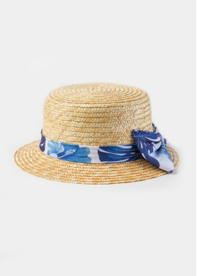 Natural Straw Boater Hat w/ Blue Patterned Ribbon