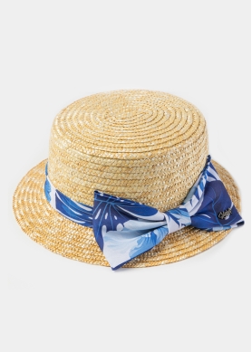 Natural Straw Boater Hat w/ Blue Patterned Ribbon