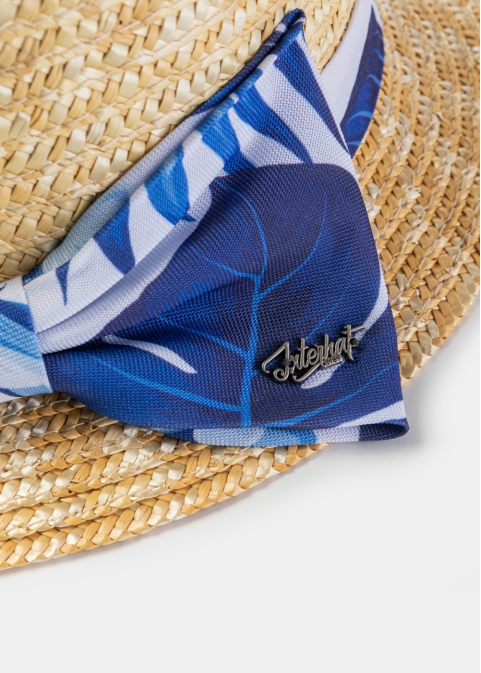 Natural Straw Boater Hat w/ Blue Patterned Ribbon
