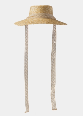 Natural Straw Hat w/ Laced Neck Tie Ribbon