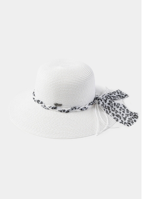 White Hat w/ Leopard Braided Ribbon