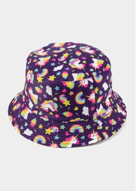 Navy Blue Double Face Kids Bucket Hat w/ Unicorns Pattern 