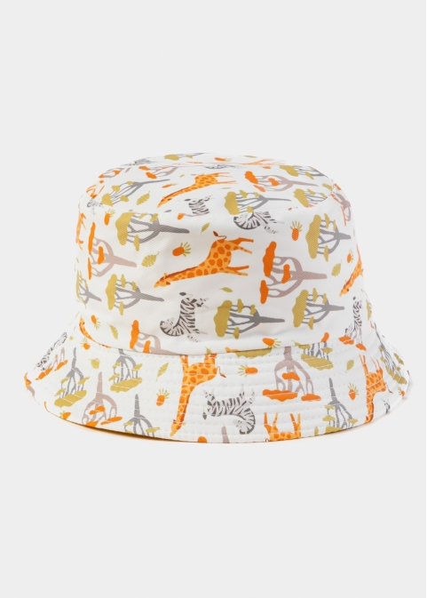 White Double Face Kids Bucket Hat w/ Animals Pattern 