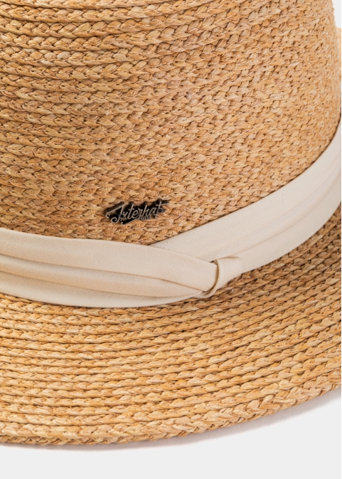 Natural Raffia Panama Style Hat w/ Beige Hatband