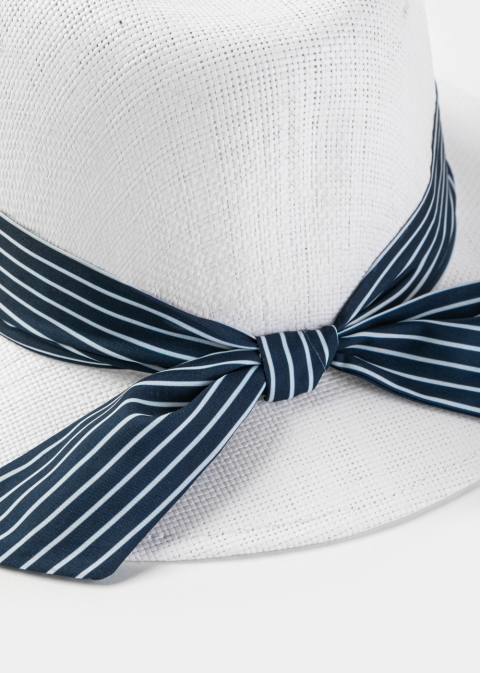  White Panama Style Hat w/ Striped Hatband 