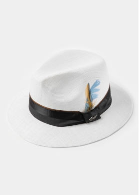 White Panama Style Hat w/ Black Hatband & Feathers