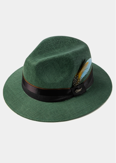 Forest Green Panama Style Hat w/ Black Ηatband & Feathers