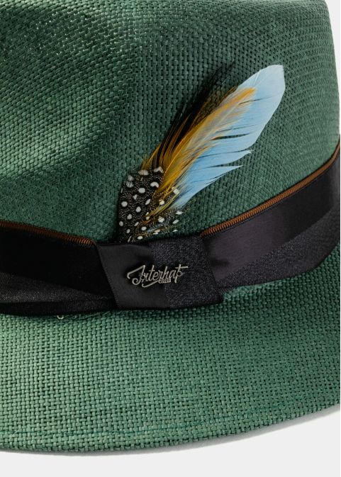 Forest Green Panama Style Hat w/ Black Ηatband & Feathers