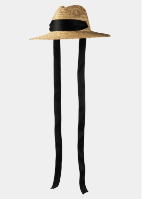 Natural Straw Panama Style Hat w/ Black Neck Tie Ribbon