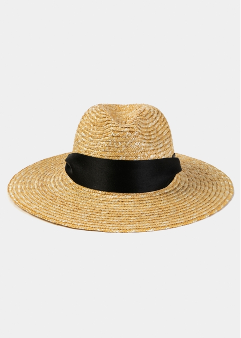 Natural Straw Panama Style Hat w/ Black Neck Tie Ribbon