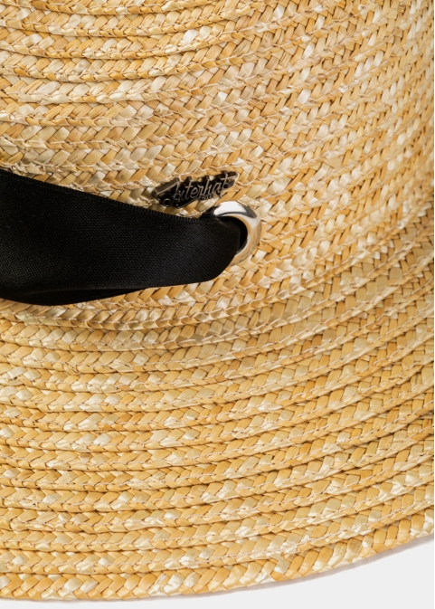 Natural Straw Panama Style Hat w/ Black Neck Tie Ribbon