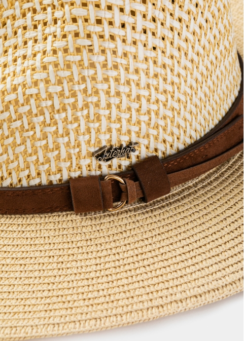 Mixed Beige Panama Style Hat w/ Leather Belt