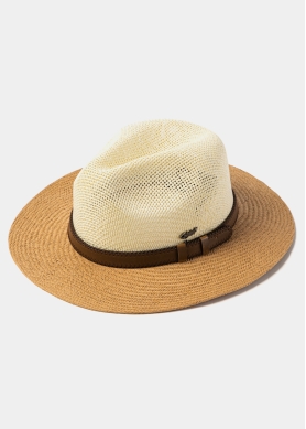 Beige & Brown Panama Style Hat w/ Leather Belt