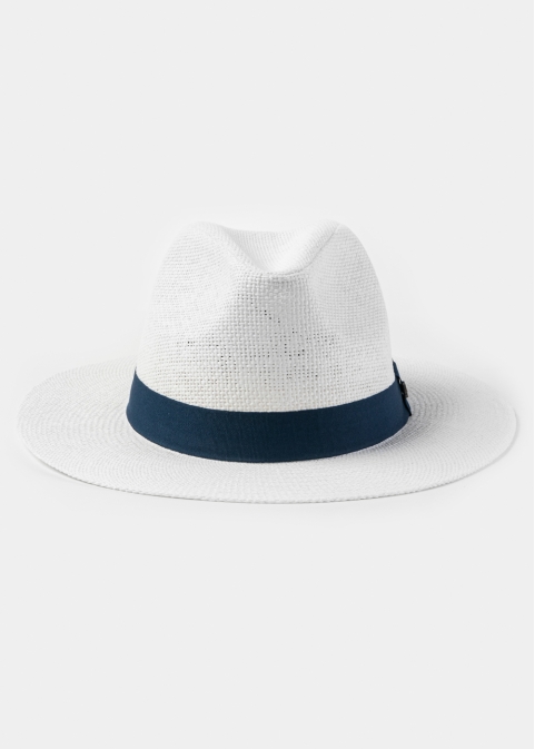 White Panama Style Hat w/ Navy Blue Hatband