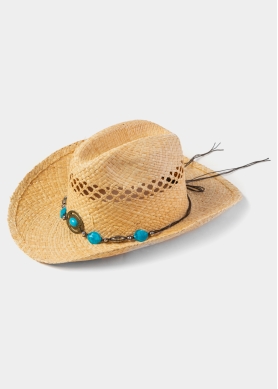 Natural Raffia Cowboy Style Hat w/ Blue Stones