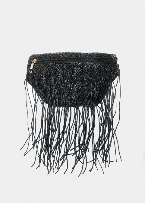 straw belt bag with fringes in black 