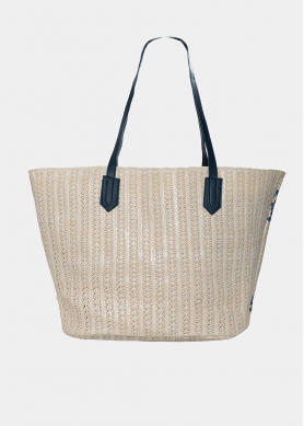 straw bag with blue print