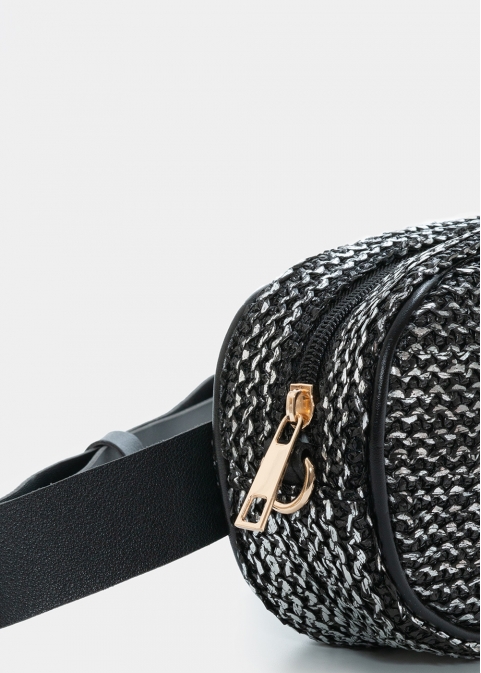 Straw small belt bag in black silver