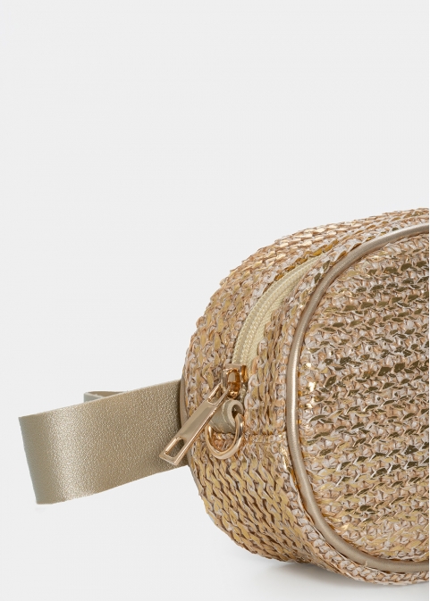 Straw small belt bag in beige gold