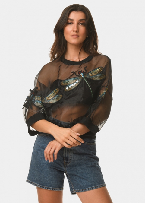 See-through blouse with embroidered dragonflies