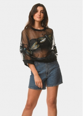 See-through blouse with embroidered dragonflies