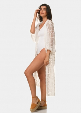 White long-sleeve caftan with flowers 