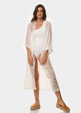 White long-sleeve caftan with flowers 