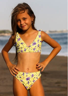 Girls Ribbed Floral Bikini Swimwear - Yellow