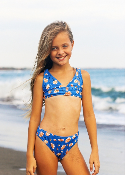 Girls Ribbed Floral Bikini Swimwear - Blue