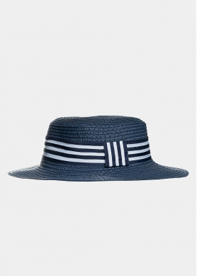 Blue kids hat with blue & white stripes 