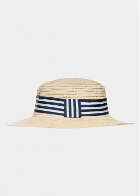 Ecru kids hat with blue & white stripes 